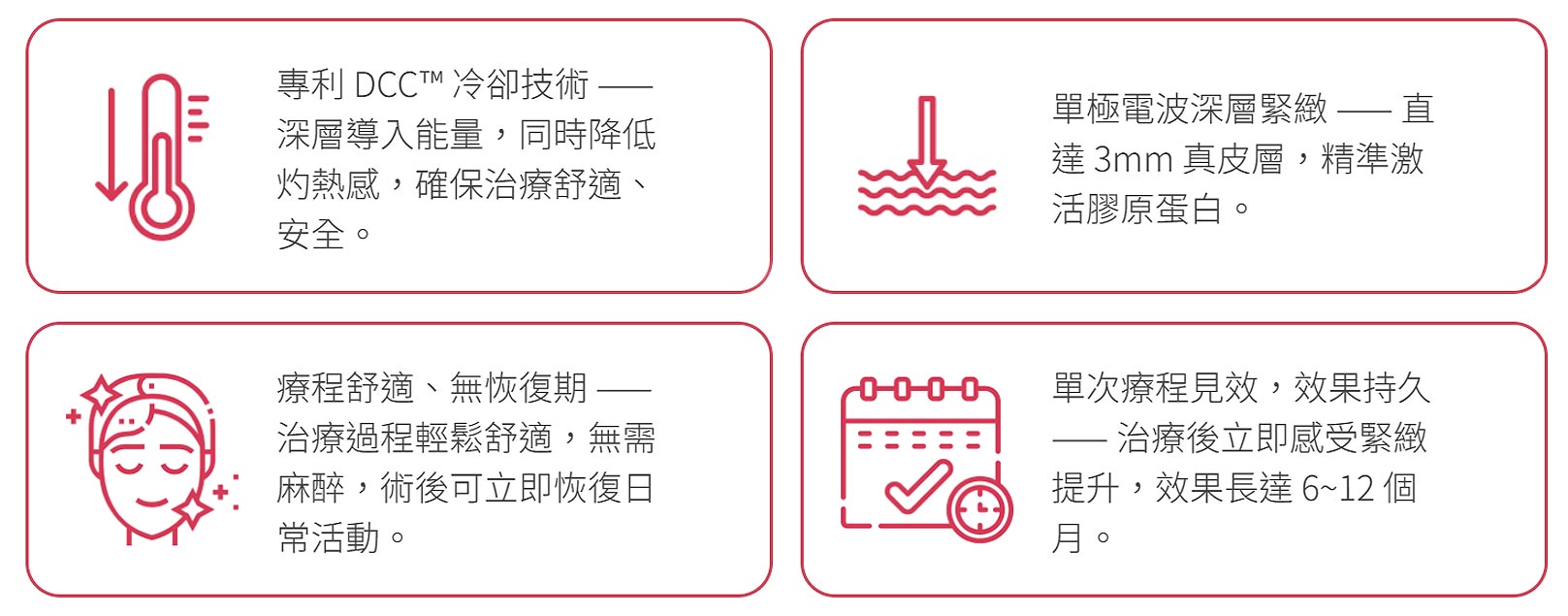 韓后醫美,COOLFASE無痛冷凍拉皮：1.專利DCCTM冷却技術――深層導入能量,同時降低灼熱感,確保治療舒適、安全。2.單極電波深層緊緻――直達3mm 真皮層,精準激活膠原蛋白。3.療程舒適、無恢復期――治療過程輕松舒適,無需麻醉,術後可立即恢復日常活動。4.單次療程見效,效果持久――治療後立即感受緊提升,效果長達6~12個月。