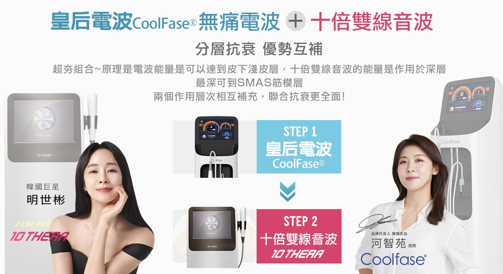 韓后醫美推薦搭配,COOLFASE無痛電波+十倍雙線音波,分層抗衰,優勢互補,超夯組合~原理是電波能量是可以達到皮下淺皮層,十倍雙線音波的能量是作用於深層,最深可到SMAS筋模層,兩個作用層次相互補充,聯合抗衰更全面!