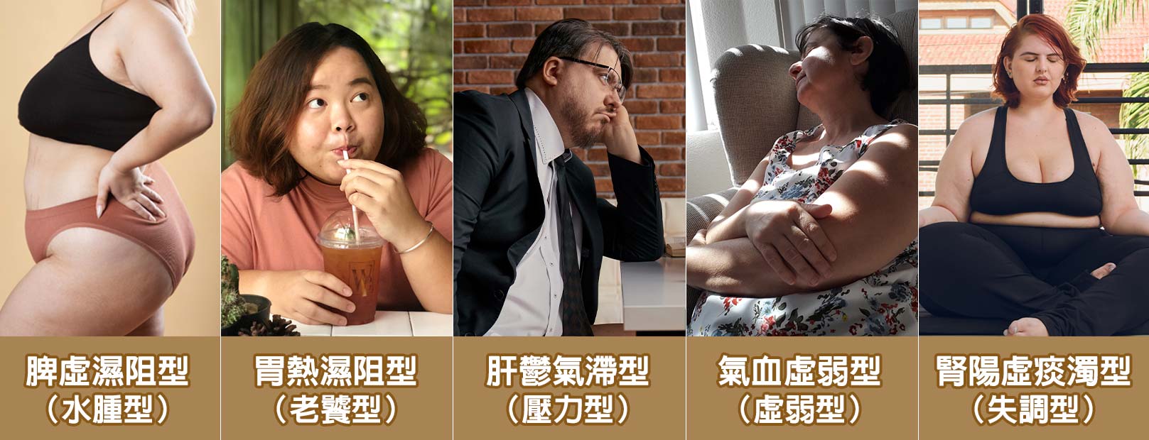 脾虛濕阻型-水腫型,胃熱濕阻型-老饕型,肝鬱氣滯型-壓力型,氣血虛弱型-虛弱型,腎陽虛痰濁型-失調型,韓后醫美