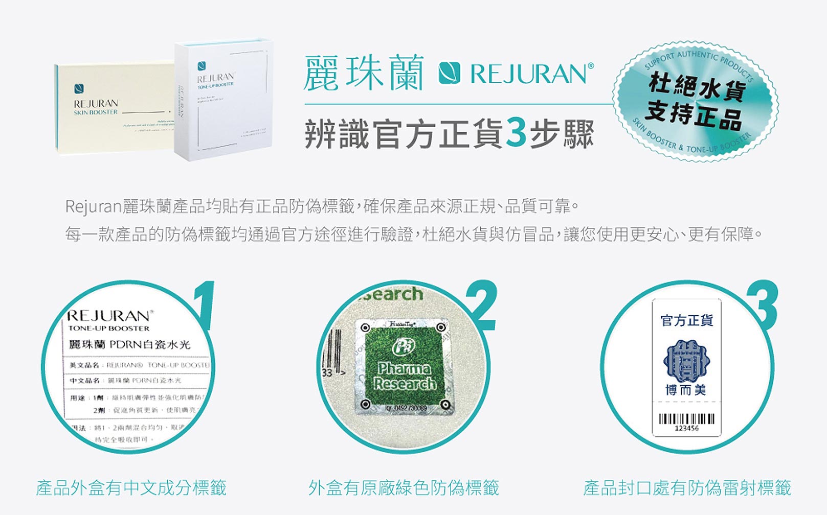 韓后醫美,麗珠蘭,麗珠蘭Rejuran,1.產品外盒有中文成分標籤。2.外盒有原廠綠色防偽標籤。3.產品封口處有防偽雷射標籤。辨別官方正貨3步驟,杜絕水貨,支持正品,麗珠蘭Rejuran產品均貼有正品防偽標籤，確保產品來源正規、品質可靠。每一款產品的防偽標籤均通過官方途徑進行驗證，杜絕水貨與仿冒品，讓您使用更安心、更有保障。