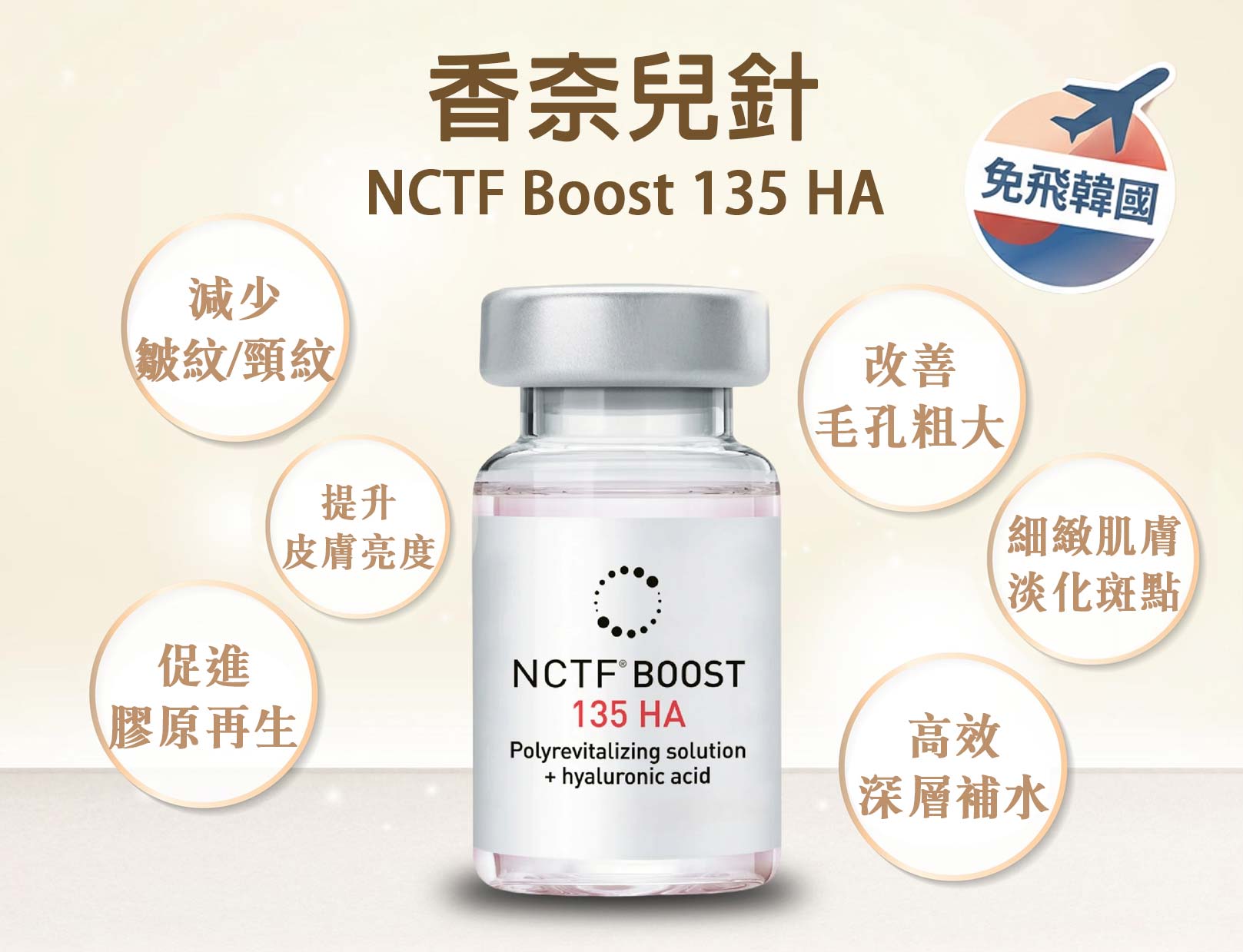 香奈兒針(NCTF® BOOST 135 HA 小粉瓶),免飛韓國,同步於韓國,韓國最夯、藝人最愛的選擇,價格更優惠,減少皺紋/頸紋,提升皮膚亮度,改善毛孔粗大,細緻肌膚,淡化斑點,促進膠原再生,高效深層補水,韓后醫美
