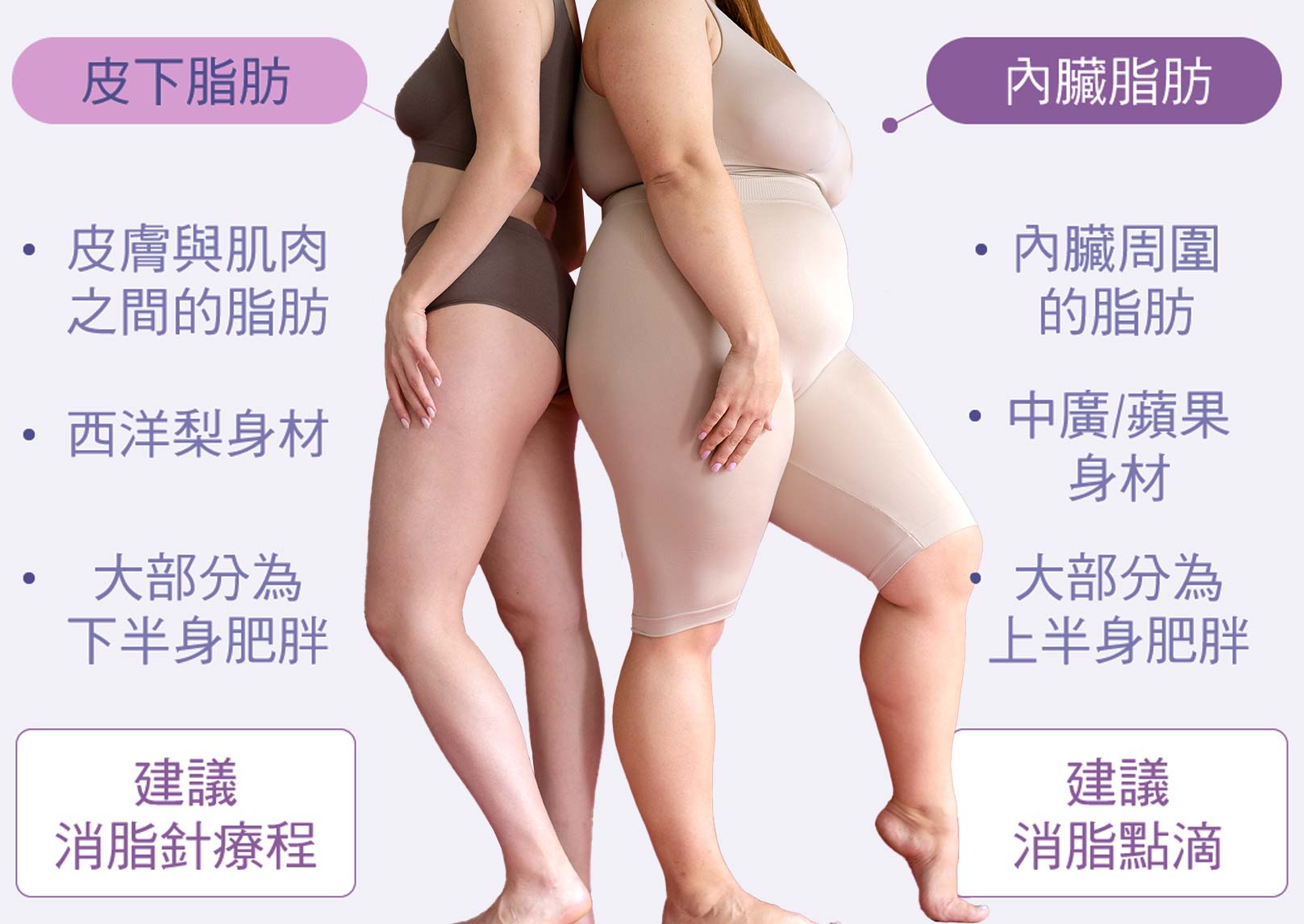 韓后醫美、點滴、皮下脂肪：皮膚與肌肉之間的脂肪、西洋梨身材、大部分為下半身肥胖(建議消脂針療程)。內臟脂肪：內臟周圍的脂肪、中廣/蘋果身材、大部分為上半身肥胖(建議消脂點滴)