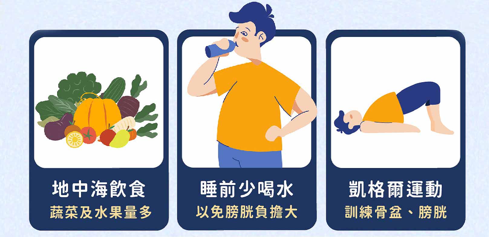 韓后醫美,地中海飲食：蔬菜及水果量多。睡前少喝水：以免膀胱負擔大。凱格爾運動：訓練骨盆、膀胱。