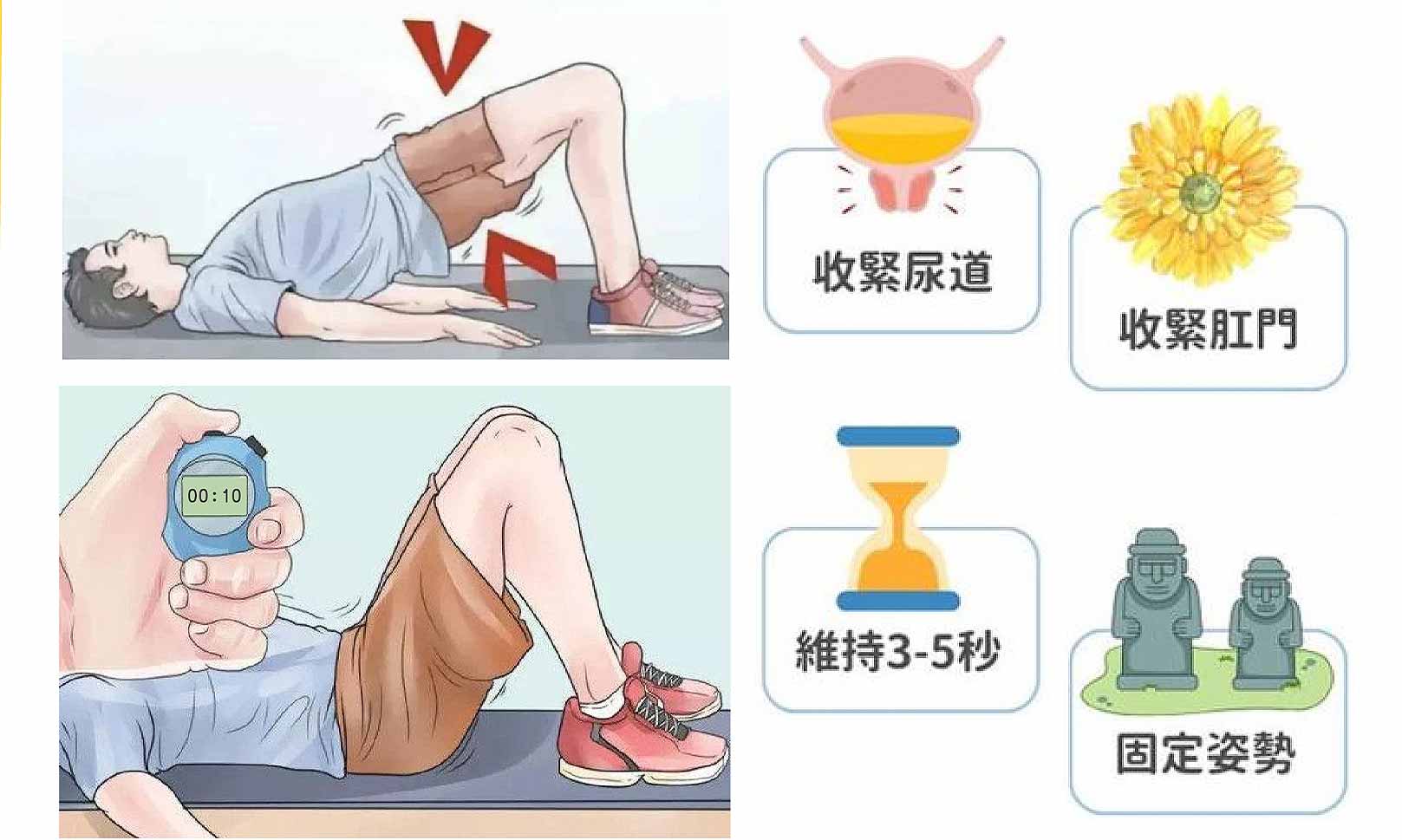 韓后醫美,凱格爾運動秘訣：收緊尿道、收緊肛門、維持3~5秒、固定姿勢。
