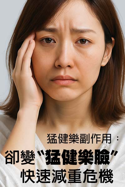 快速減重雖然能帶來體態上的改變，但出現臉垮Ozempic Face（俗稱：猛健樂臉、瘦瘦針臉、瘦老臉、臭老臉、溶化臉）等「減重老化臉」卻是常見隱藏危機：臉部脂肪流失過快、皮膚彈性跟不上、膠原蛋白不足，導致臉頰凹陷、法令紋加深、皮膚鬆弛、整體看起來更顯老態...